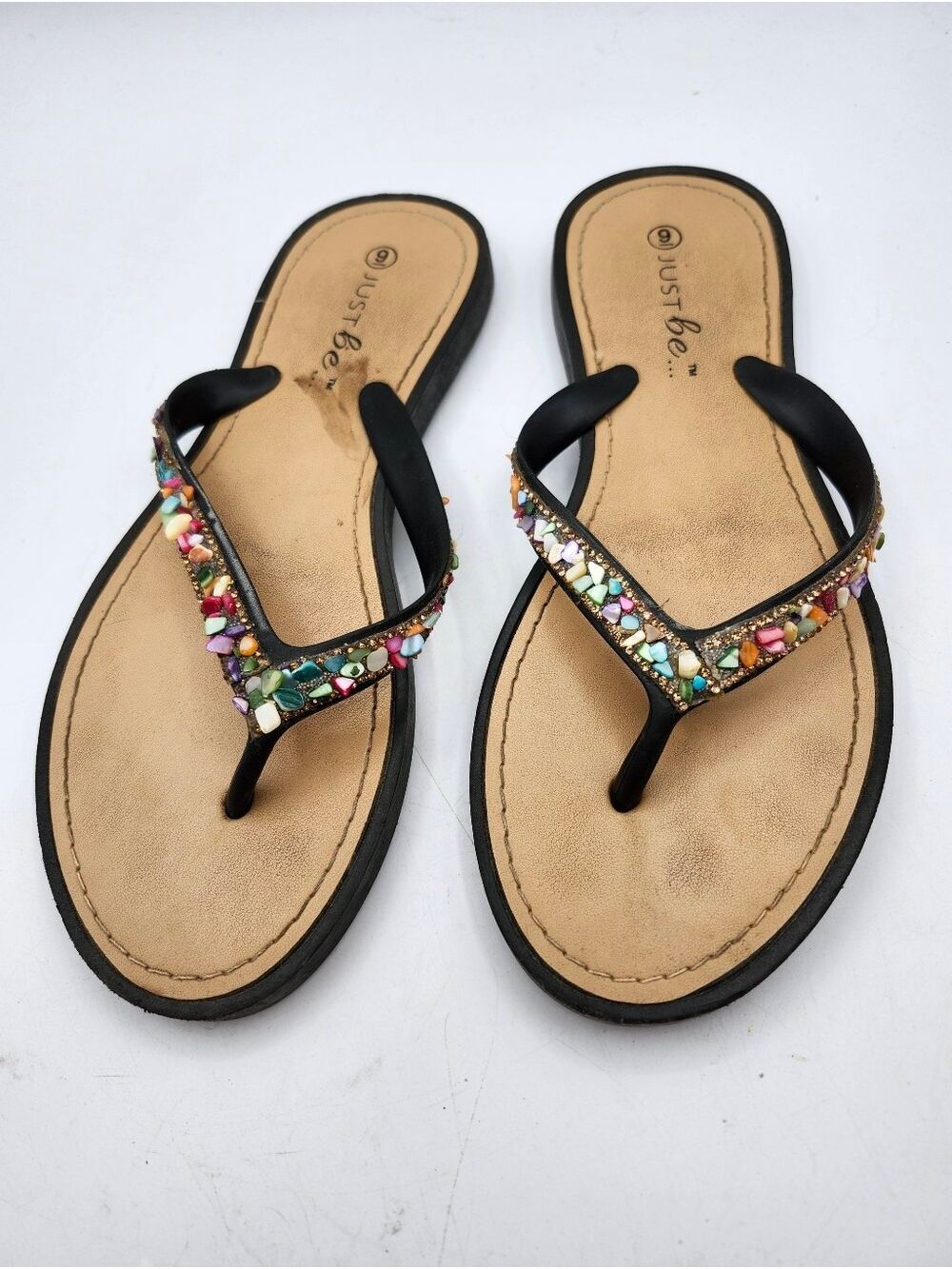 Just Be Multicolor Beaded Black Flip Flop Sandals